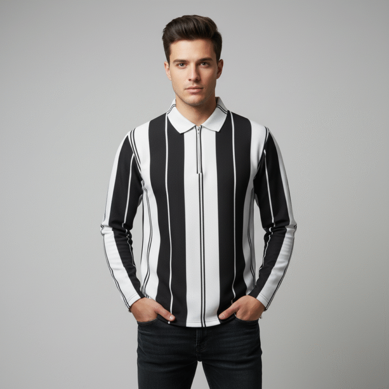 Stripe Knit Polo (Black & White)