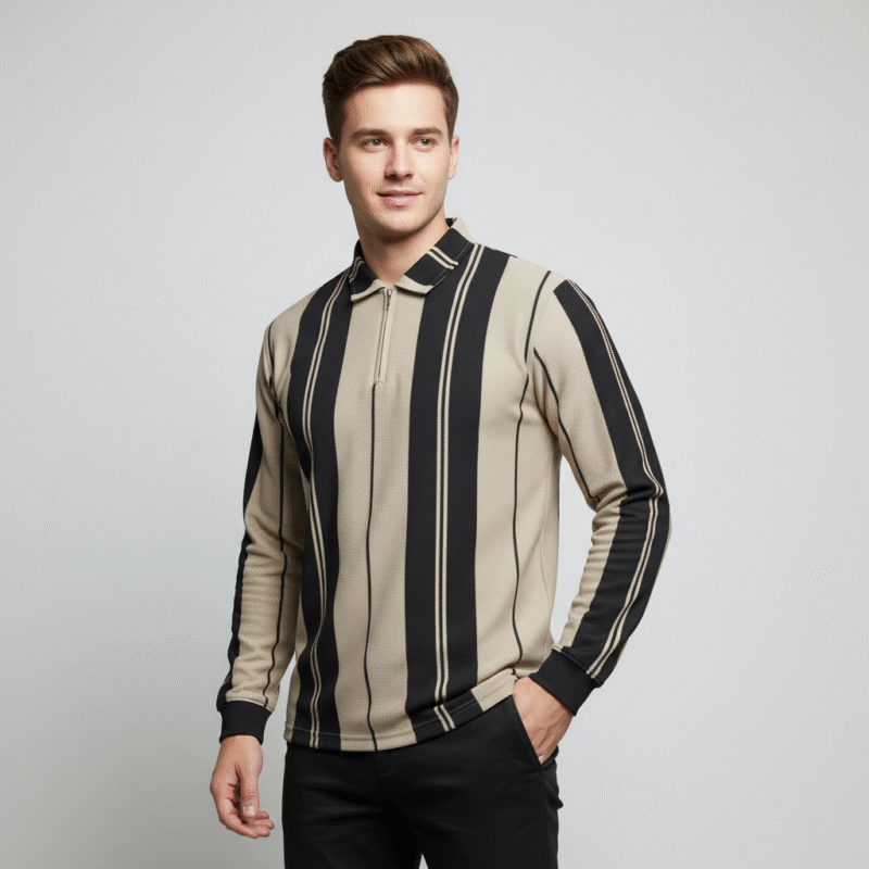 Stripe Knit Polo (Beige & Black)