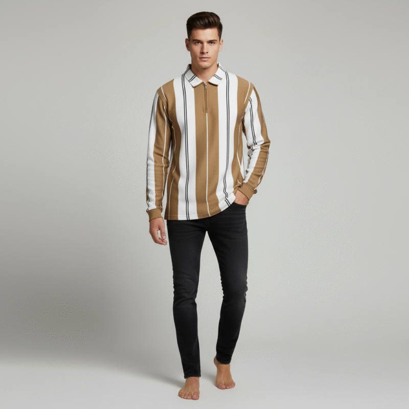Stripe Knit Polo (Camel&White)