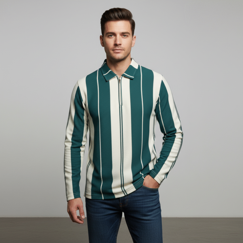 Stripe Knit Polo (Teal&White)