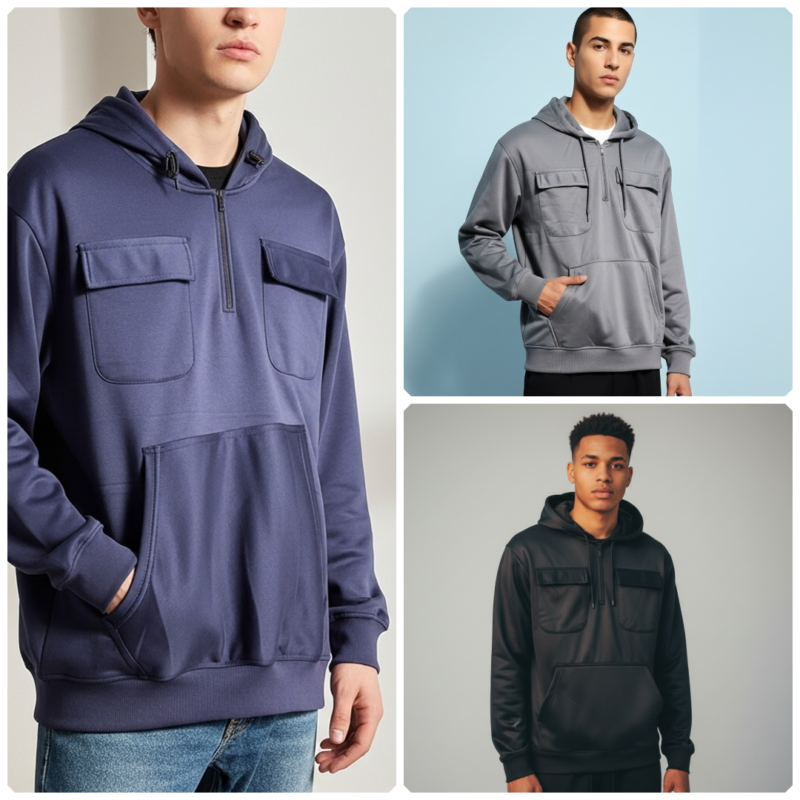 Classic Zipper Double Pocket Hooded Sweatshirt – (Pack Of 3)